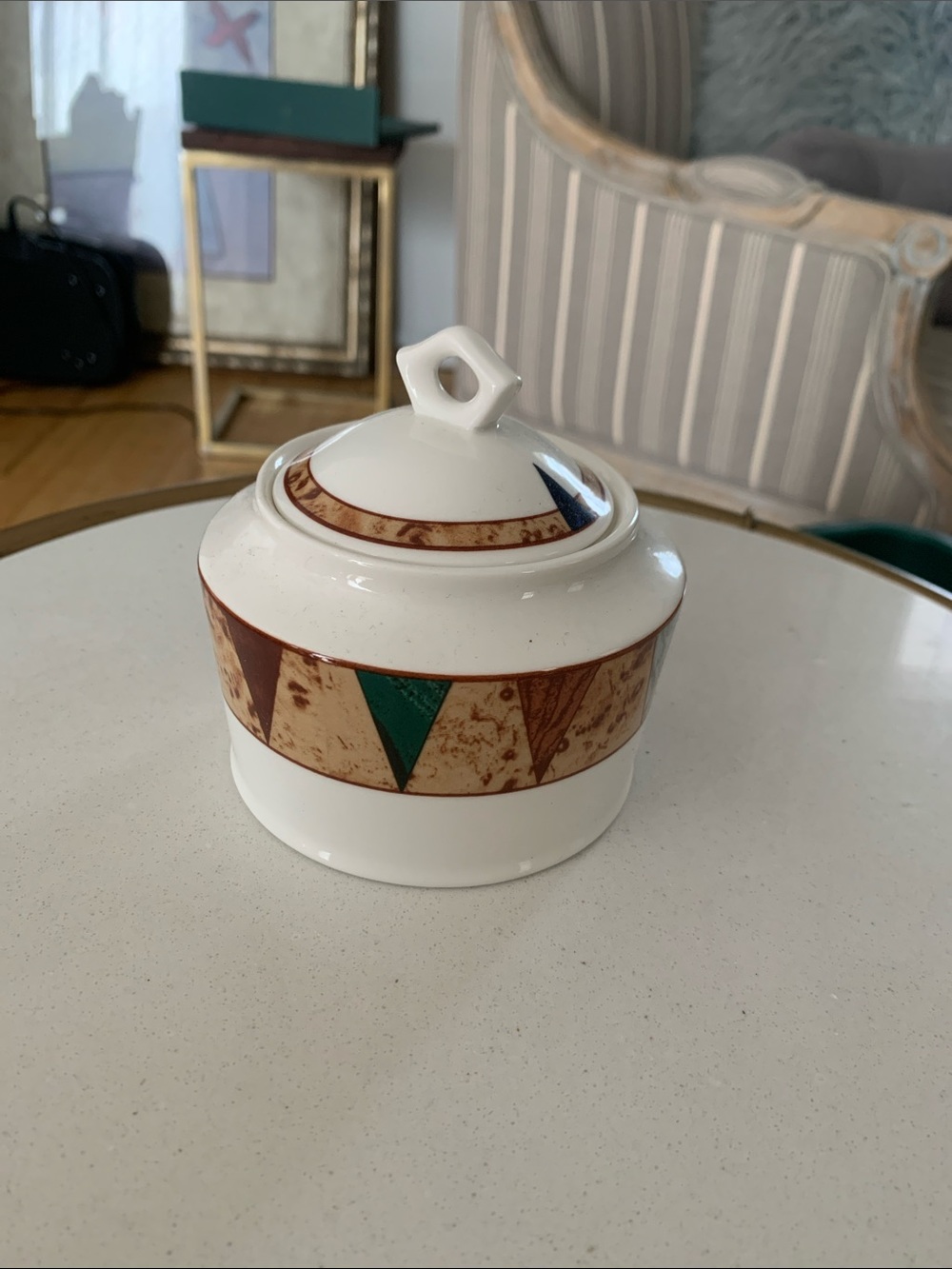 White Ceramic Lidded Sugar Bowl with Brown and Green Geometric Band